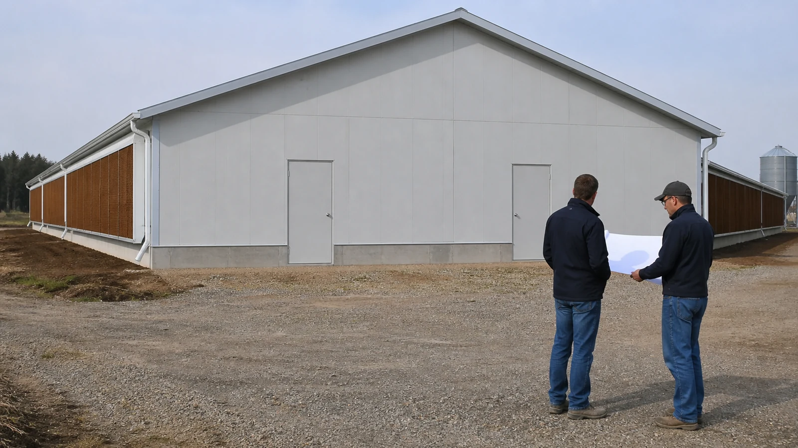 Buyer and engineer inspect a completed steel chicken house before finalizing an RFQ