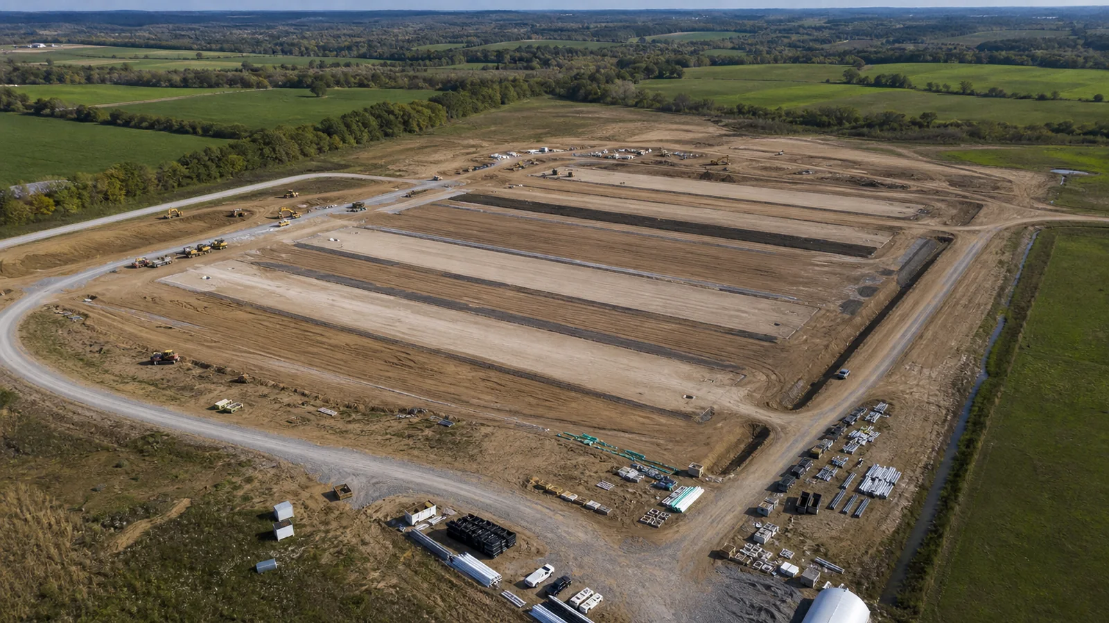 Commercial Poultry Farm Site Preparation Graded building pads, drainage routes, and access roads prepared for a poultry farm.