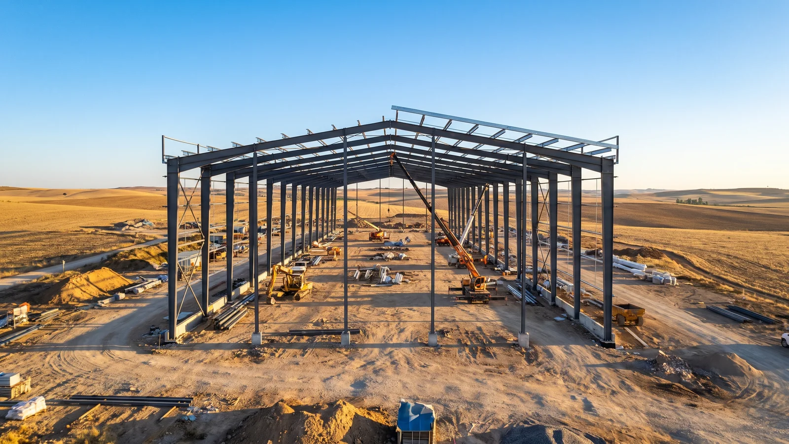 Commercial Poultry House Steel Frame Erection Steel portal frames are erected for a long commercial poultry house.
