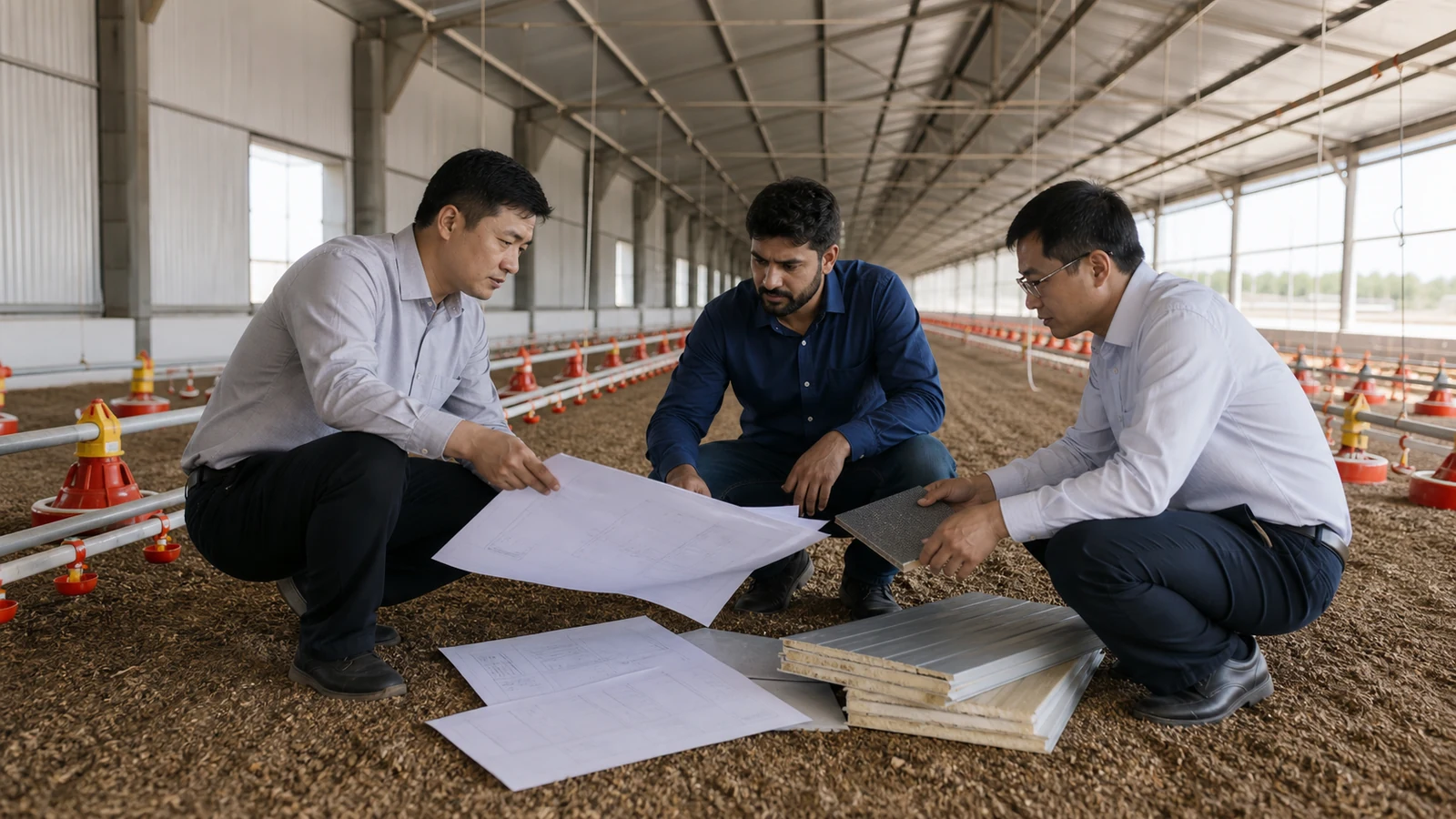 Buyer team compares chicken house drawings, equipment schedules, and scope documents