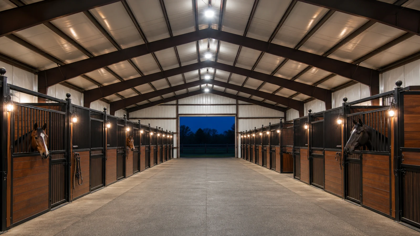 Completed steel horse barn interior with evenly lit stalls, aisle, wash area, and tack room doors.