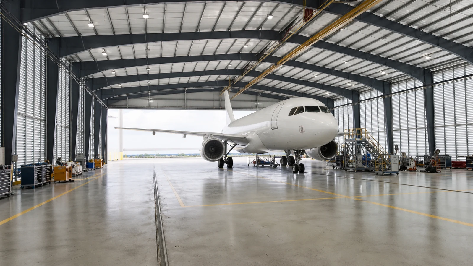 Completed steel maintenance hangar with aircraft, clear work zones, louvers, and overhead services.