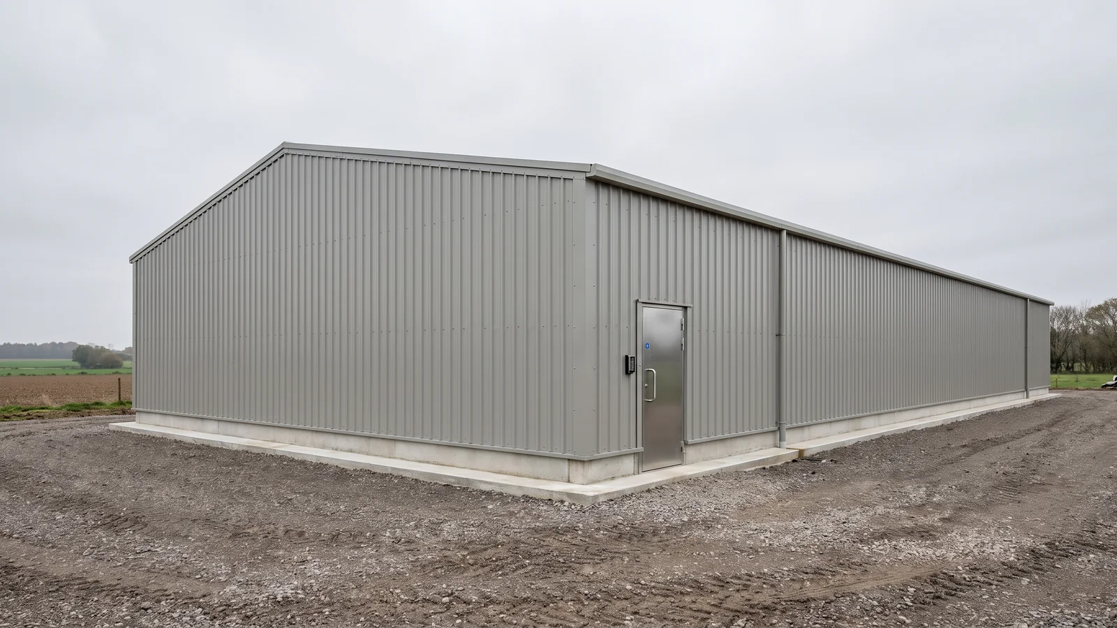 Completed Steel Agricultural Building Envelope Completed long steel agricultural building with metal cladding and a sealed service door.