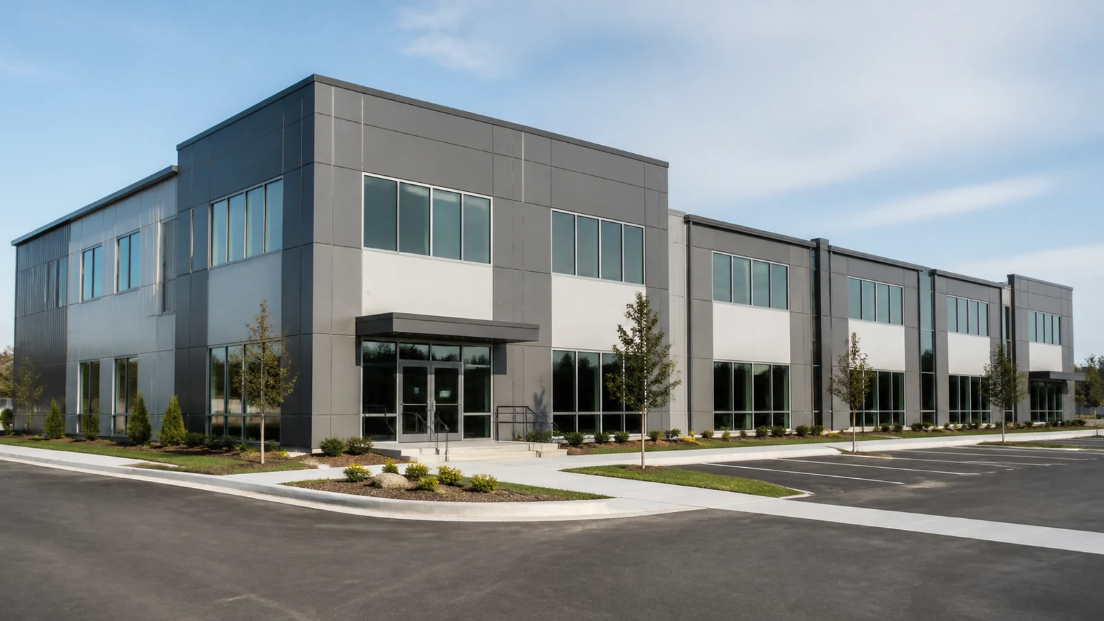 Completed multi-storey steel office building with finished facade and occupied surroundings.