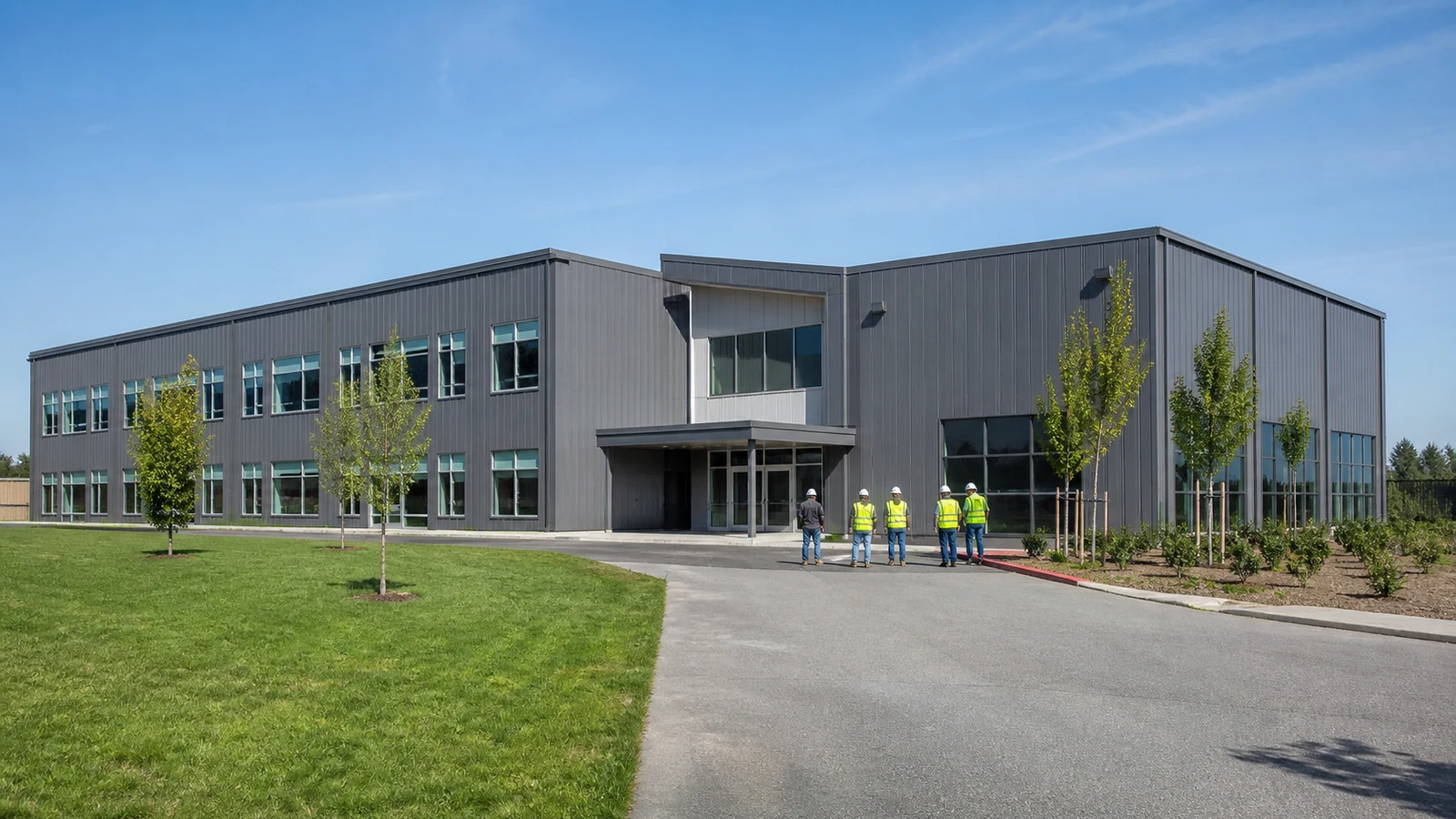 Completed steel school building with classrooms and gym ready for handover.