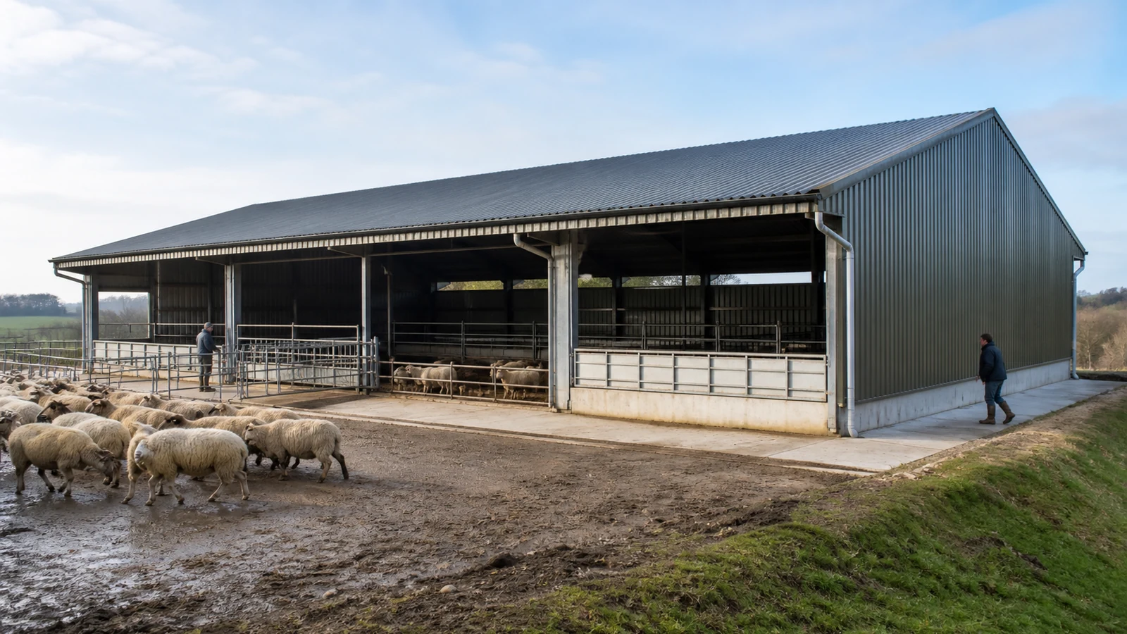 Completed steel sheep shed shows protected openings, drainage, and practical farm access.
