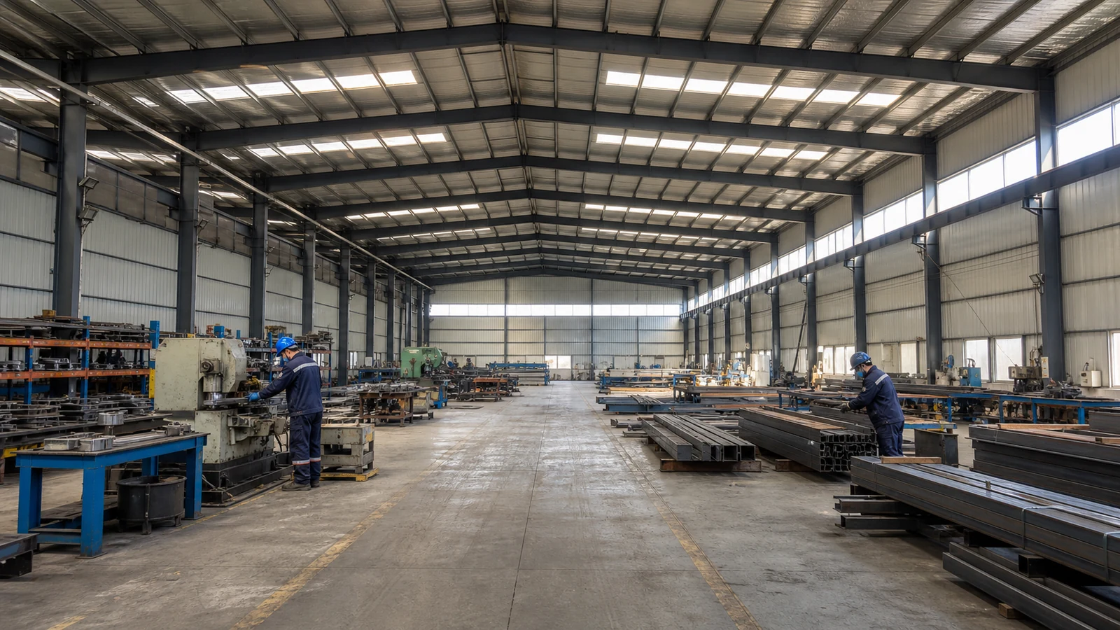 Completed steel workshop interior with clear bays, installed services, and normal industrial use.