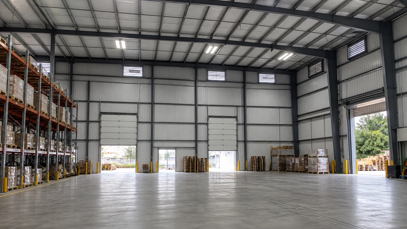 Completed steel warehouse interior with balanced air inlets, exhaust points, racks, and docks.
