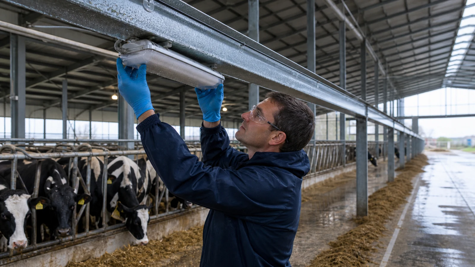 Technician inspects a sealed LED fixture in a humid dairy barn environment