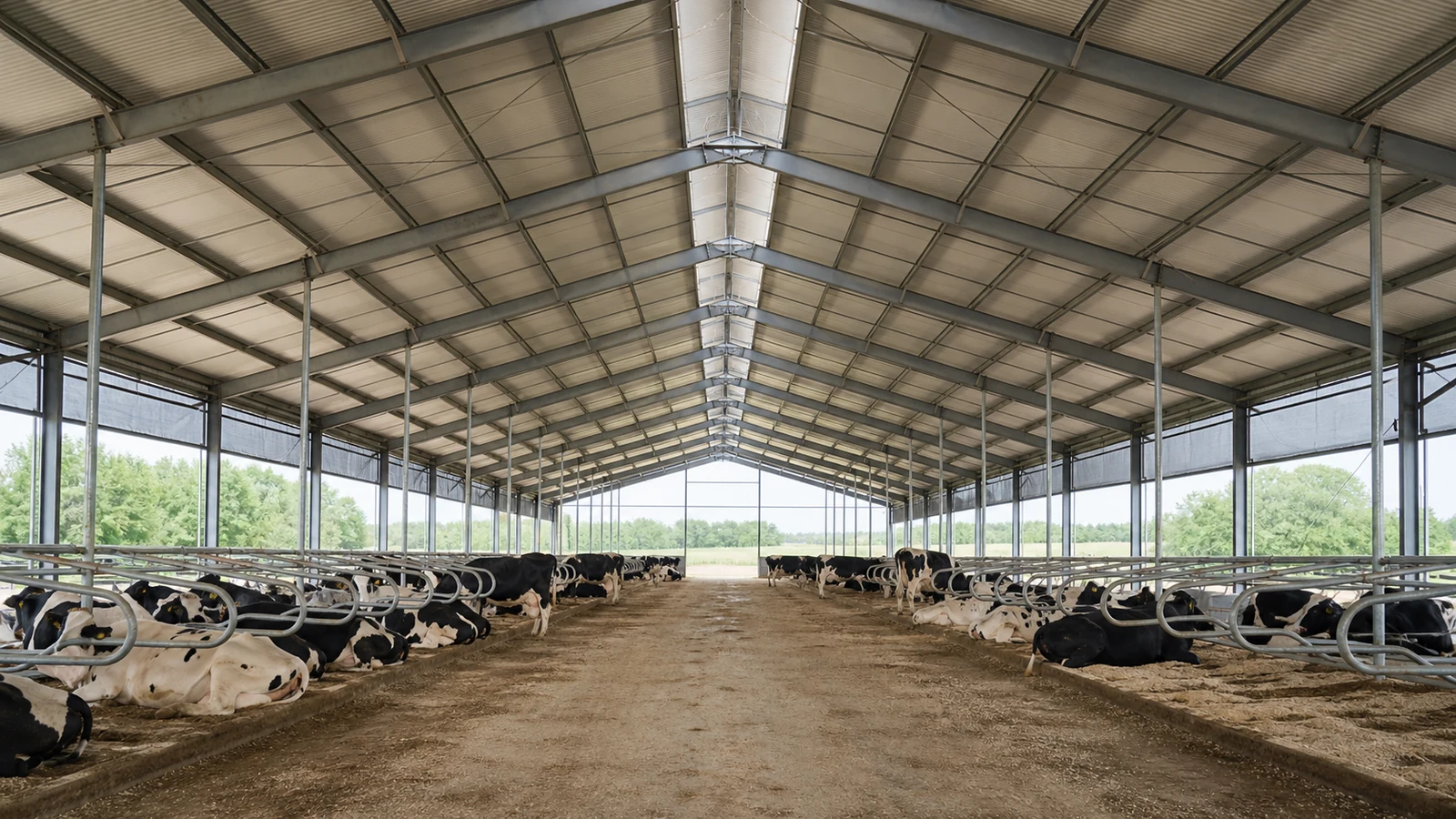 Natural daylight enters a wide steel dairy barn through open sides and ridge areas