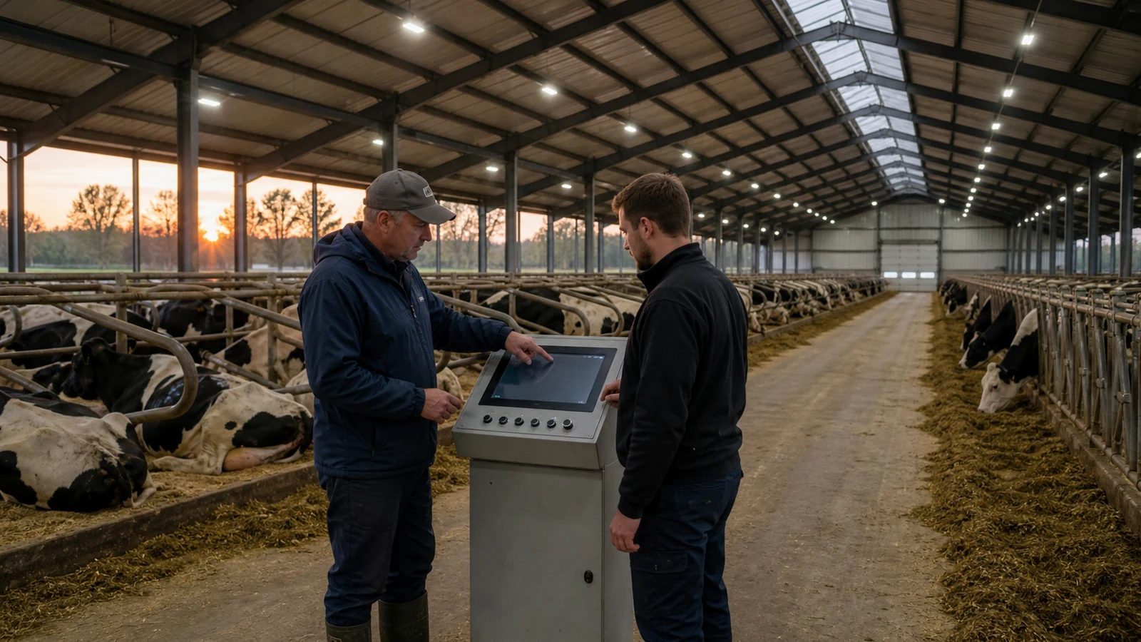 Farm operator adjusts simple lighting controls beside a bright steel dairy barn