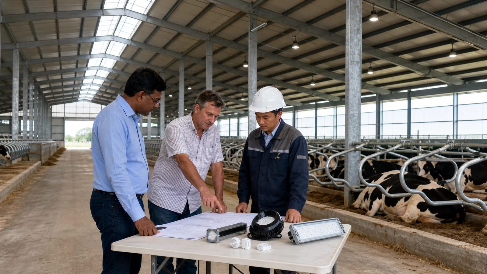 Buyer and engineer review barn lighting drawings inside a completed steel cow shed