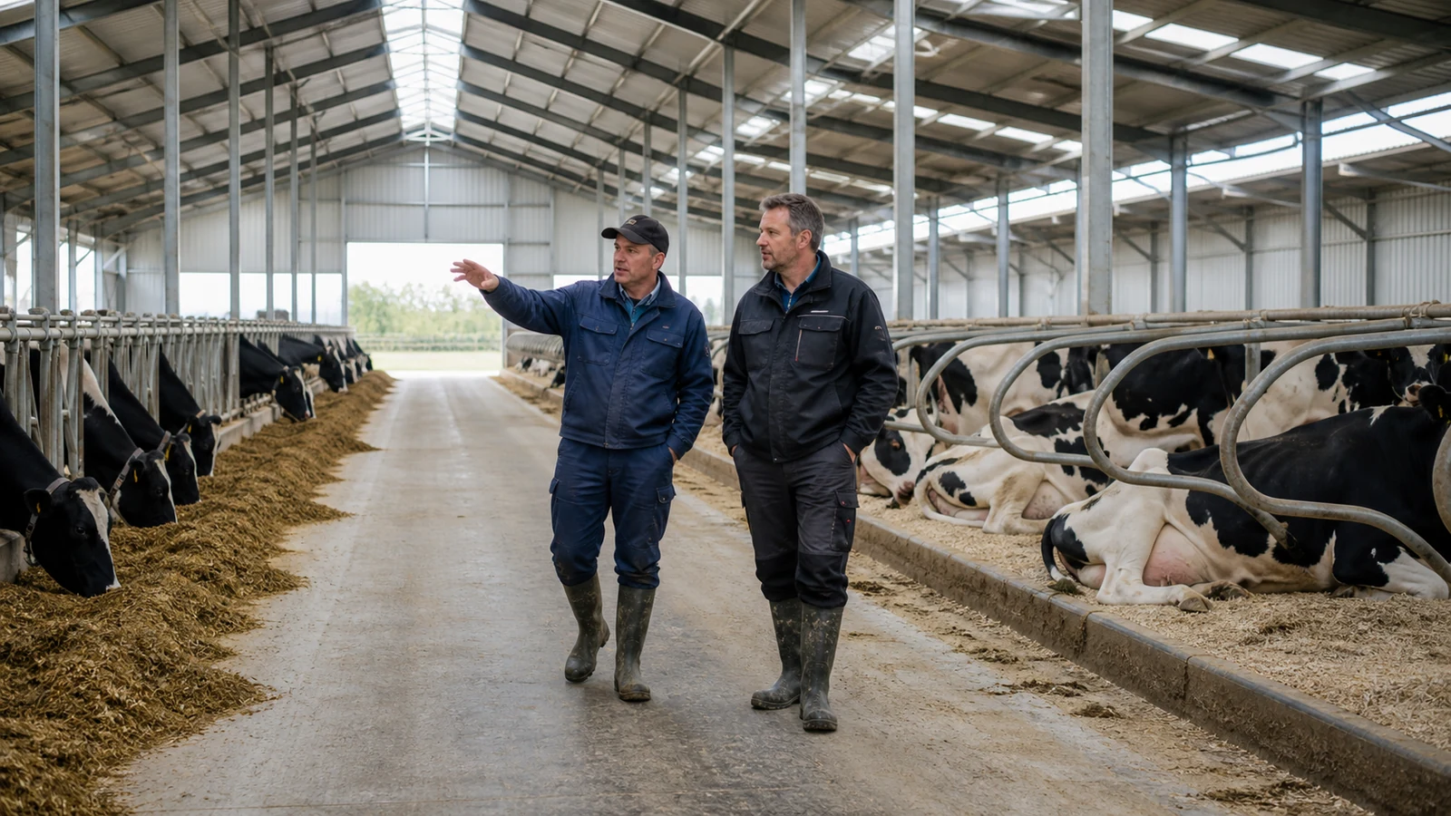 Dairy manager reviews feed alley, stalls, and work zones inside a steel cow shed