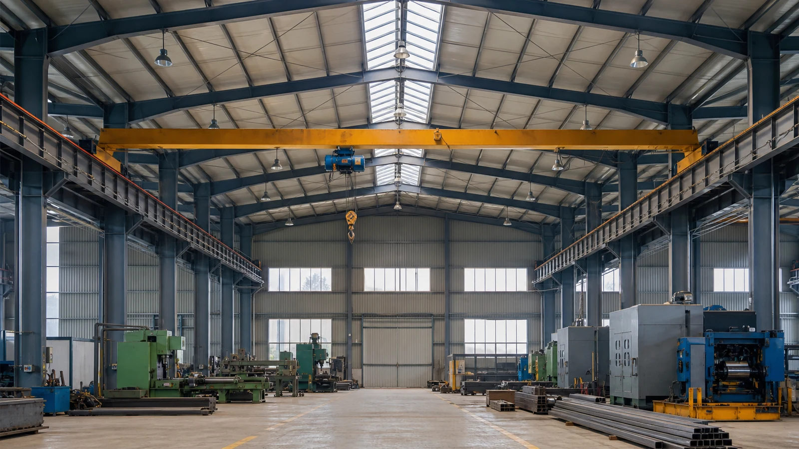 Wide workshop section shows crane hook, roof bracing, lights, and machinery clearances