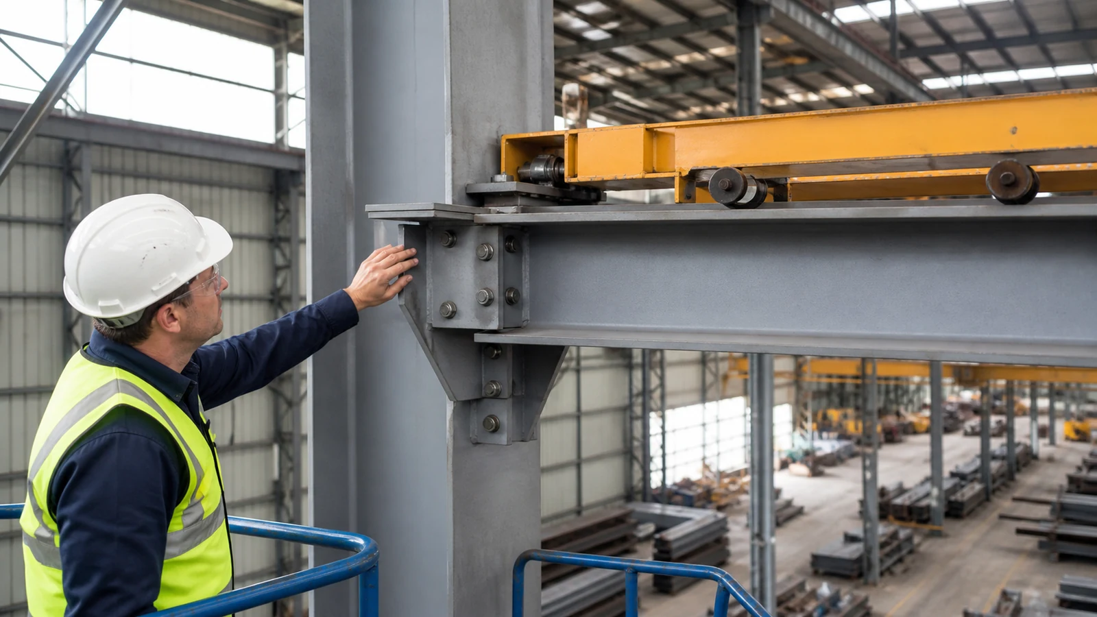 Close view of crane rail, runway beam, bracket, and steel workshop column