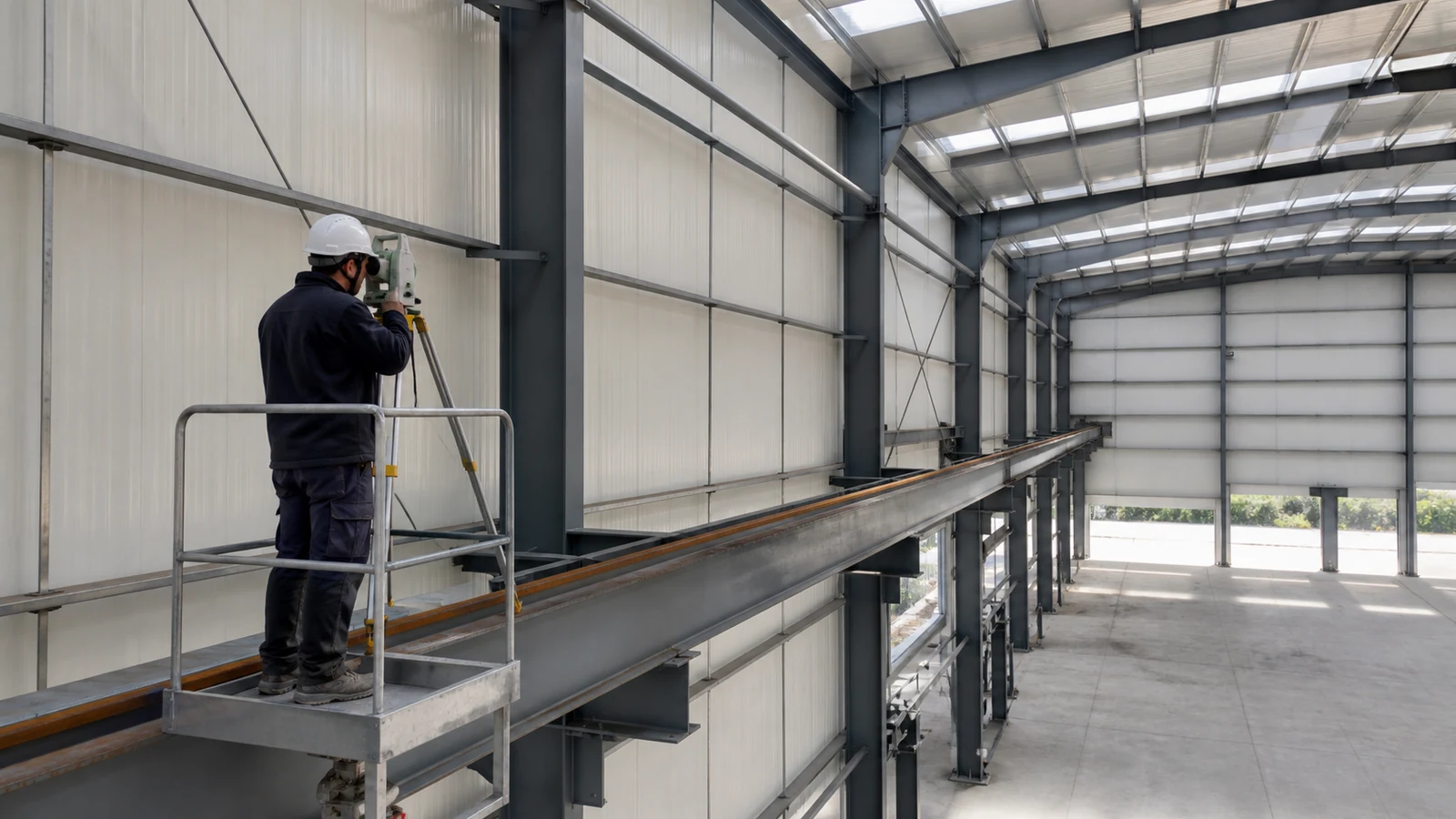 Surveyor checks crane rail alignment along a steel workshop runway beam