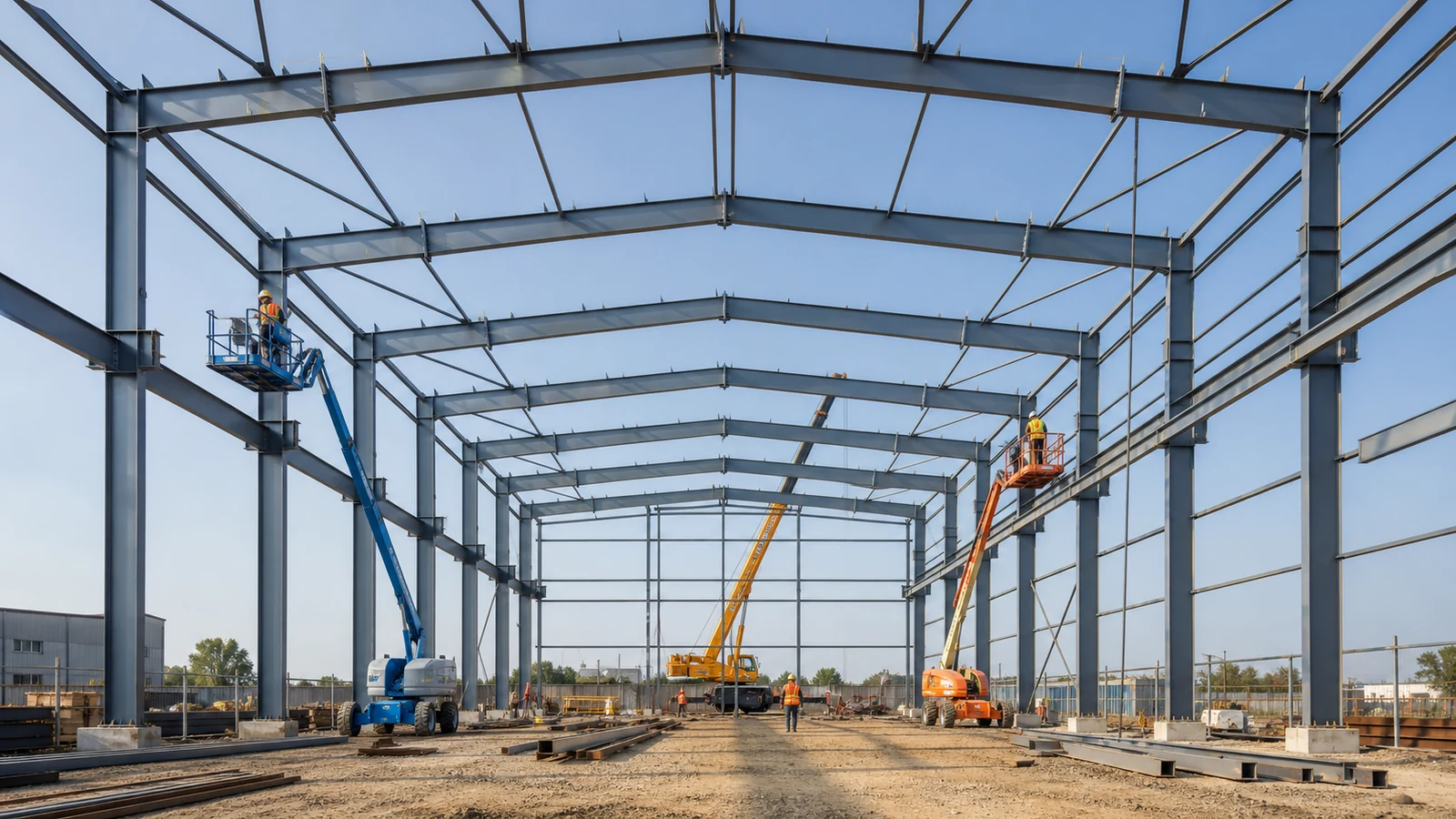 Steel workshop columns, crane brackets, and longitudinal bracing during erection