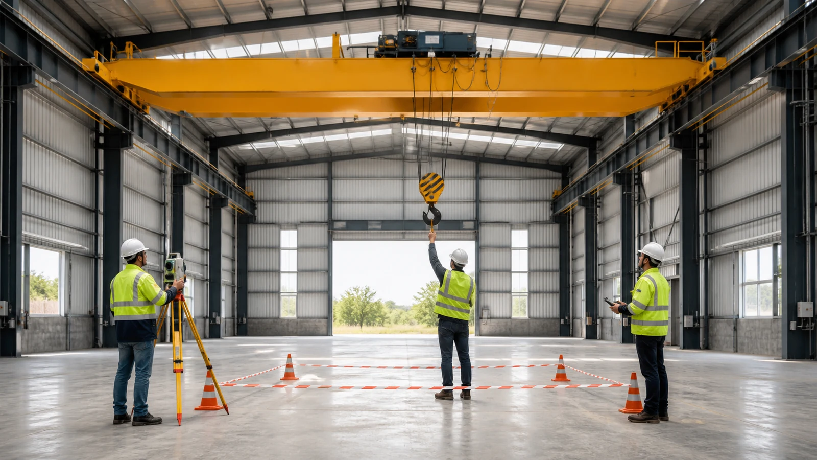 Commissioning team inspects crane runway and bridge inside a completed workshop