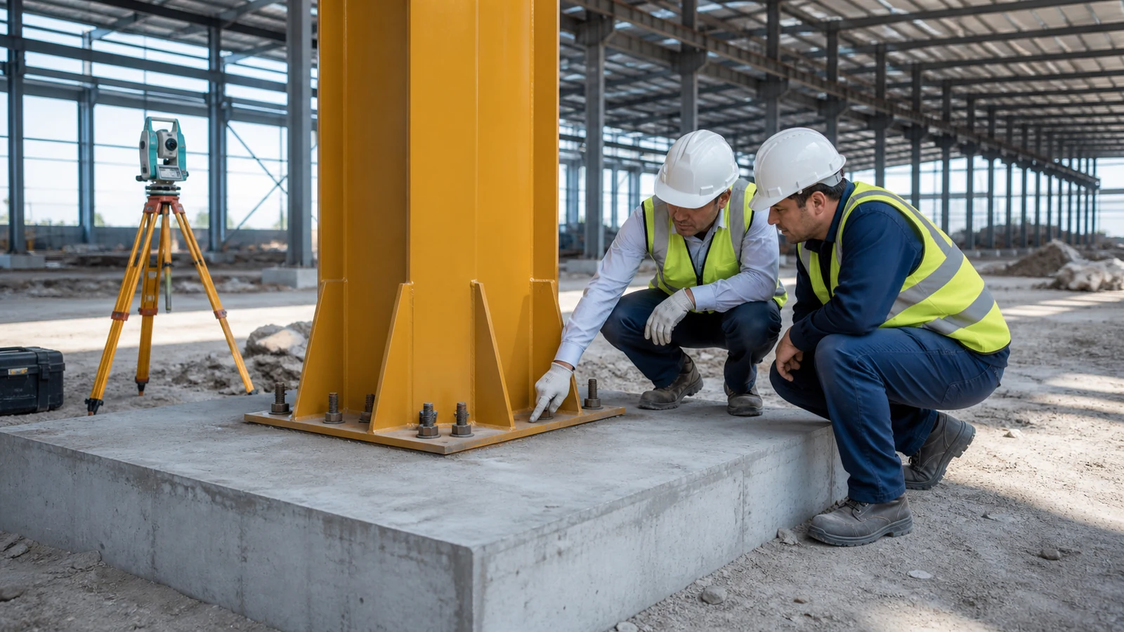 Engineers inspect crane-column bases, anchors, and concrete foundations