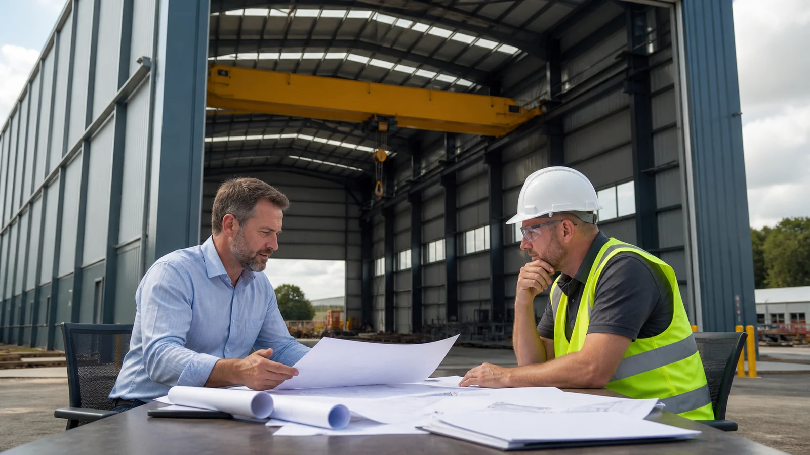 Buyer and engineer review workshop crane drawings beside a completed steel facility