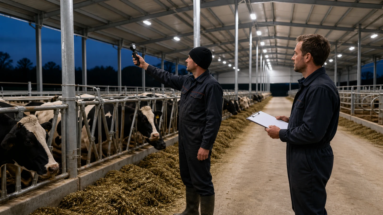 Commissioning technician measures light at cow height along a free-stall barn aisle
