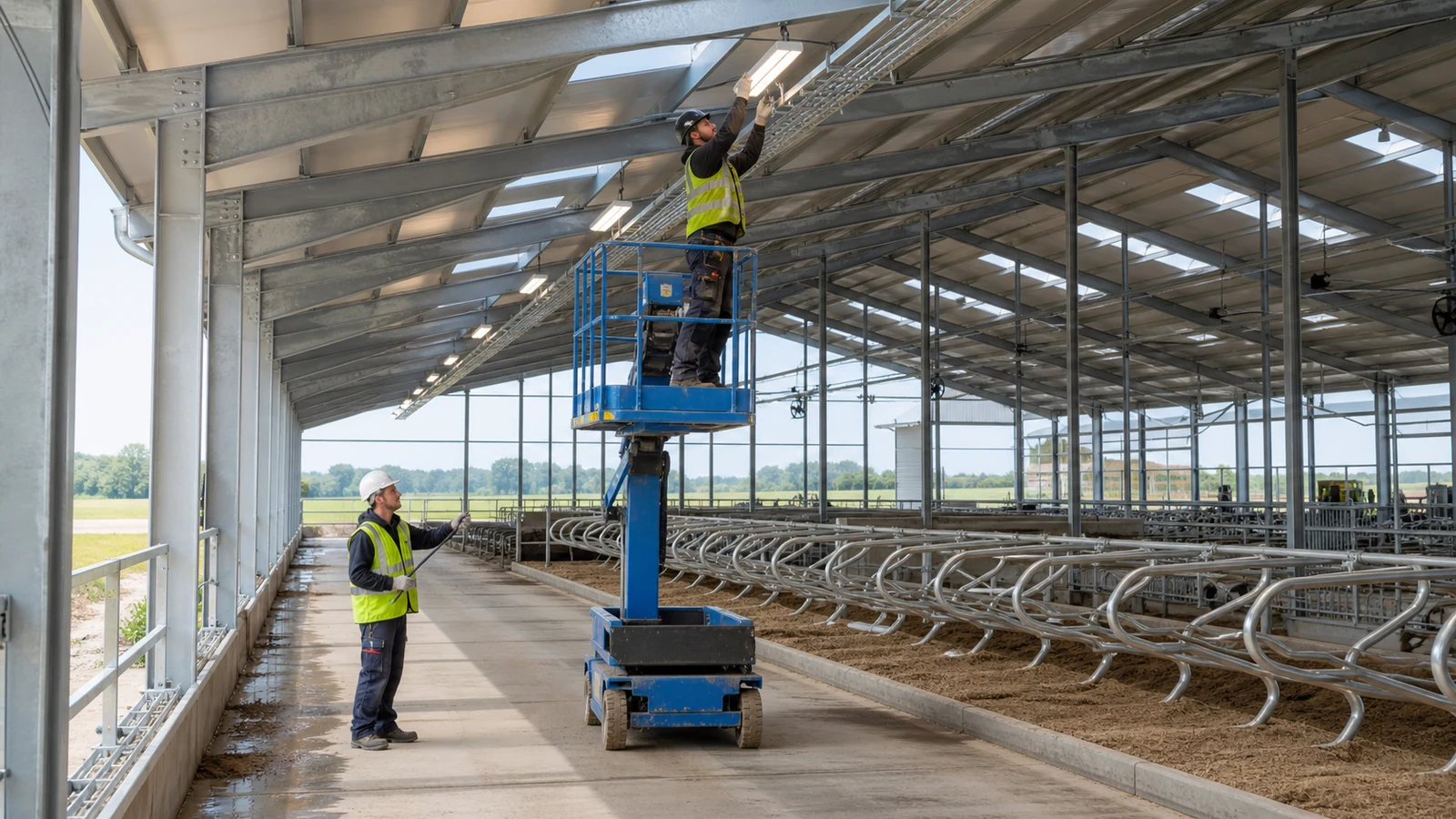 Installer positions evenly spaced LED fixtures along a steel dairy barn roof