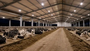 Uniform evening LED lighting over calm dairy cows in a clean free-stall barn