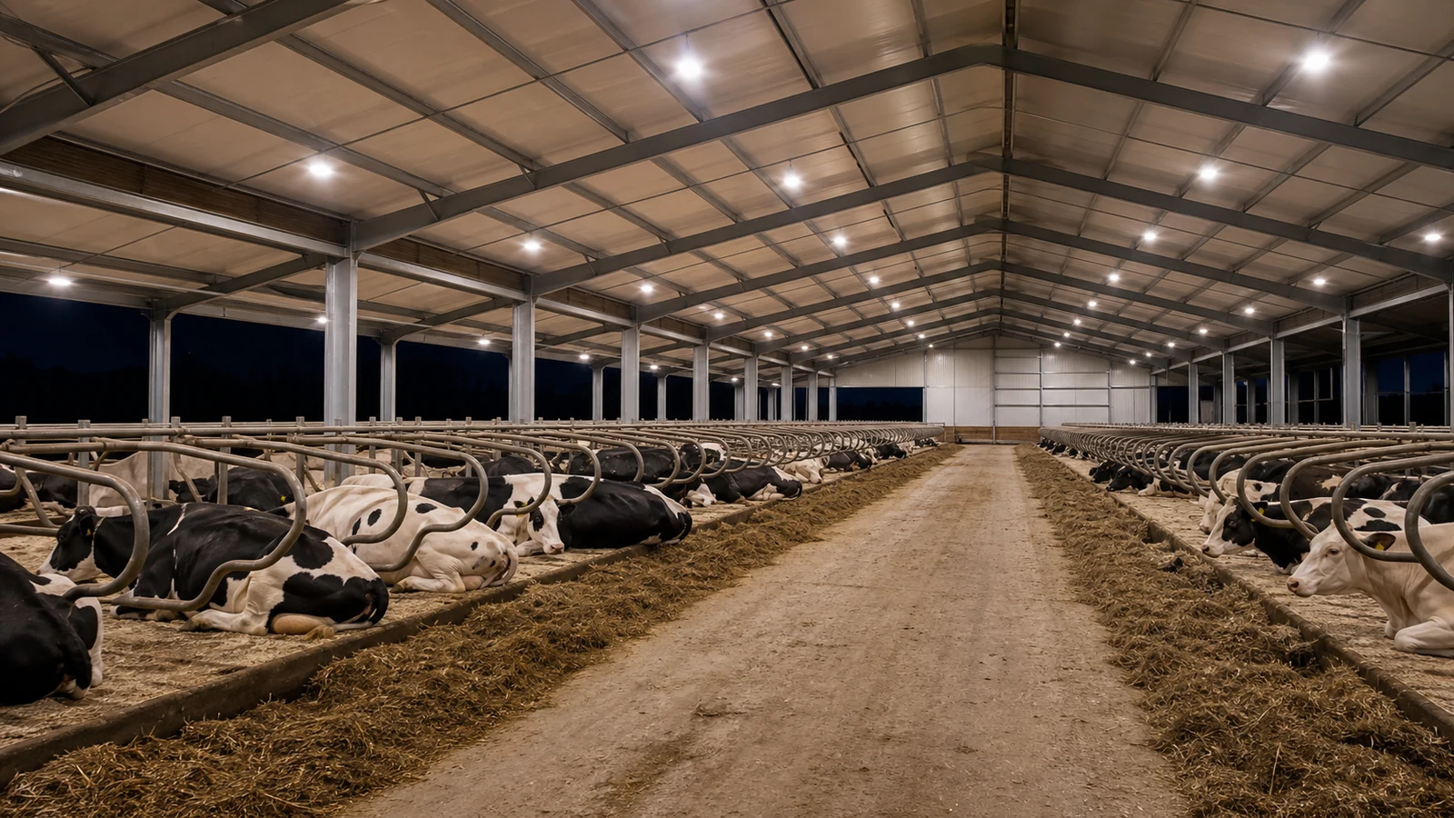 Uniform evening LED lighting over calm dairy cows in a clean free-stall barn