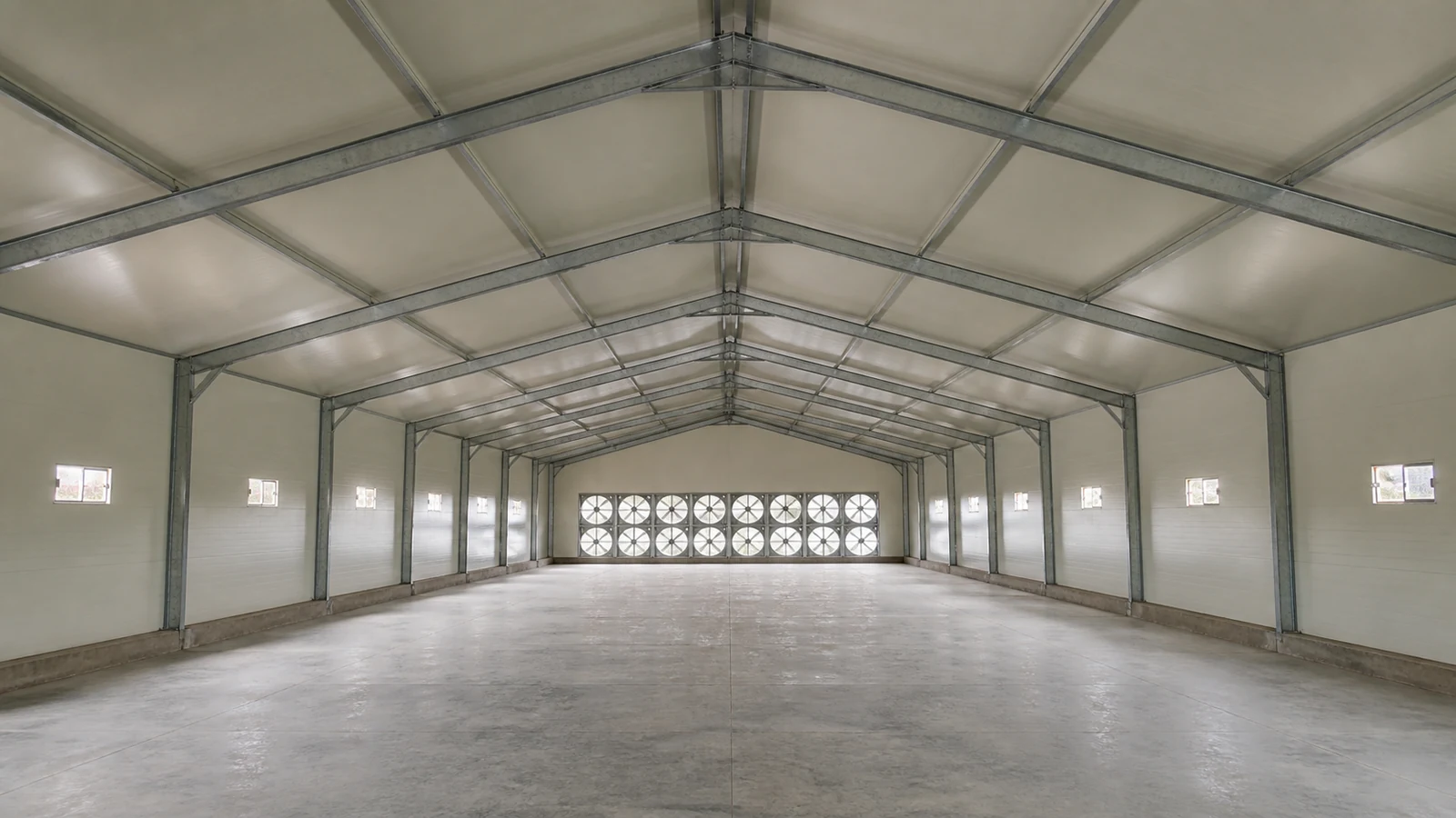 Empty insulated steel chicken house with sandwich panels and exhaust fans mounted only on the far gable.