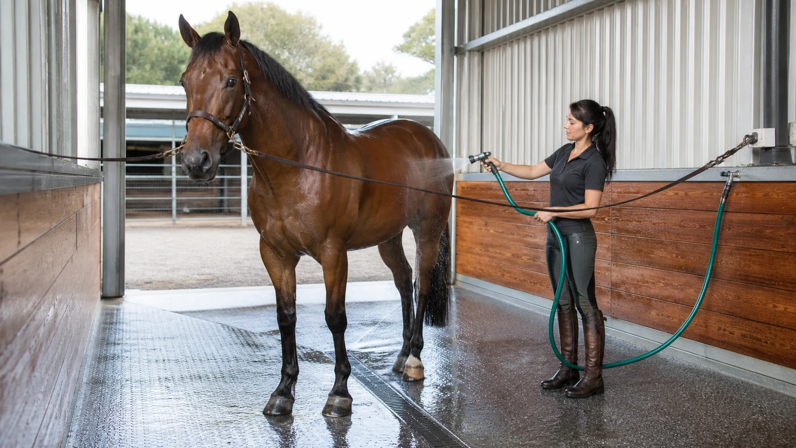 Horse stands on a textured wash-bay floor sloped toward a protected drainage channel.