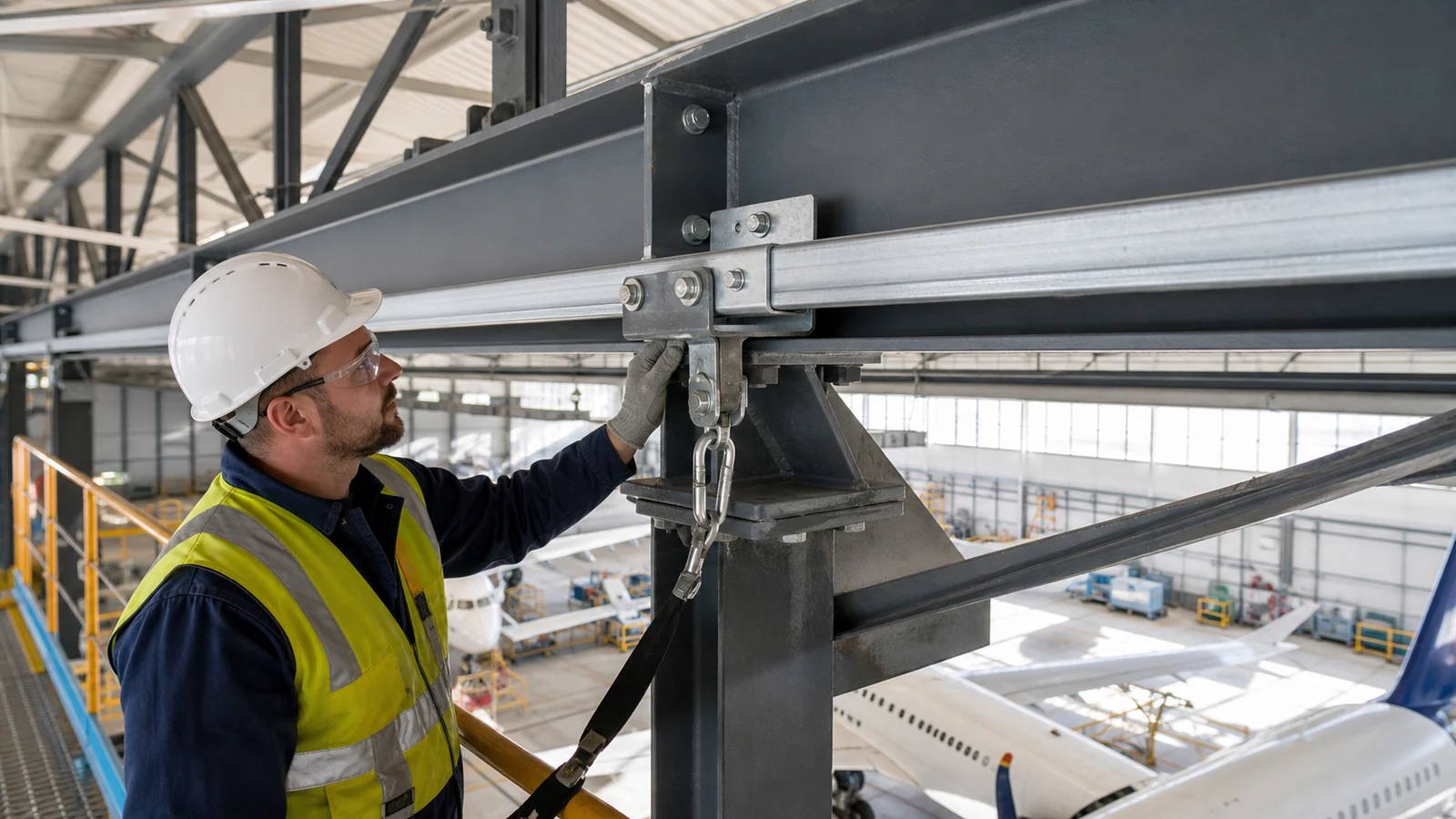 Engineer inspects overhead fall protection brackets connected to hangar roof steel