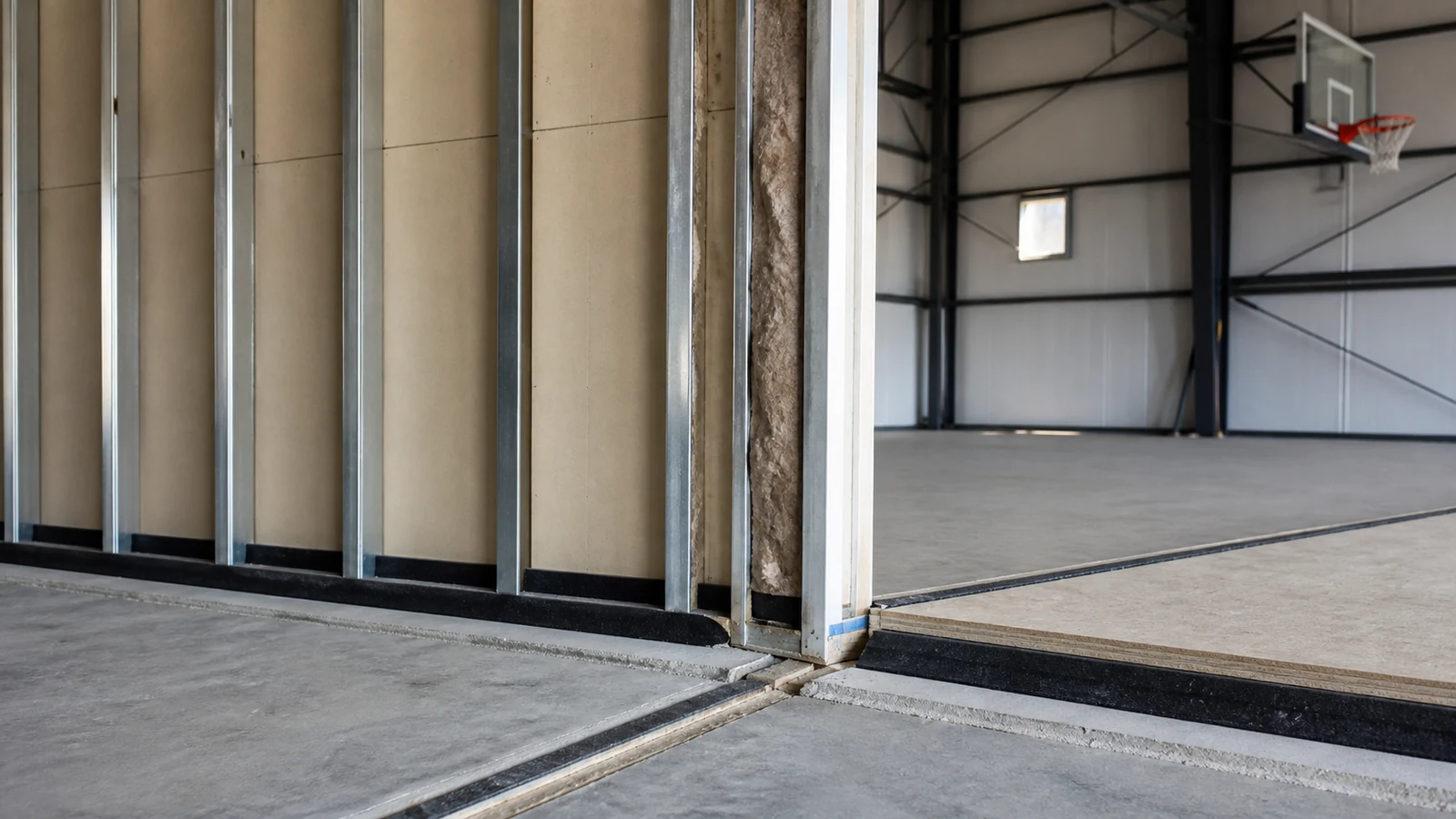 Gym wall and ceiling junction shows acoustic insulation, resilient supports, and sealed interfaces.