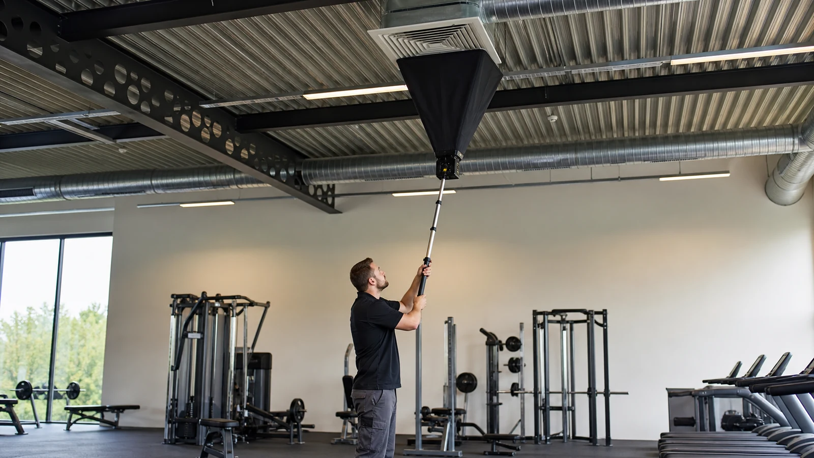 Technician safely measures supply airflow from the gym floor with a telescoping capture hood.