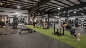 Operating steel gym interior with clearly separated strength, cardio, and circulation zones.