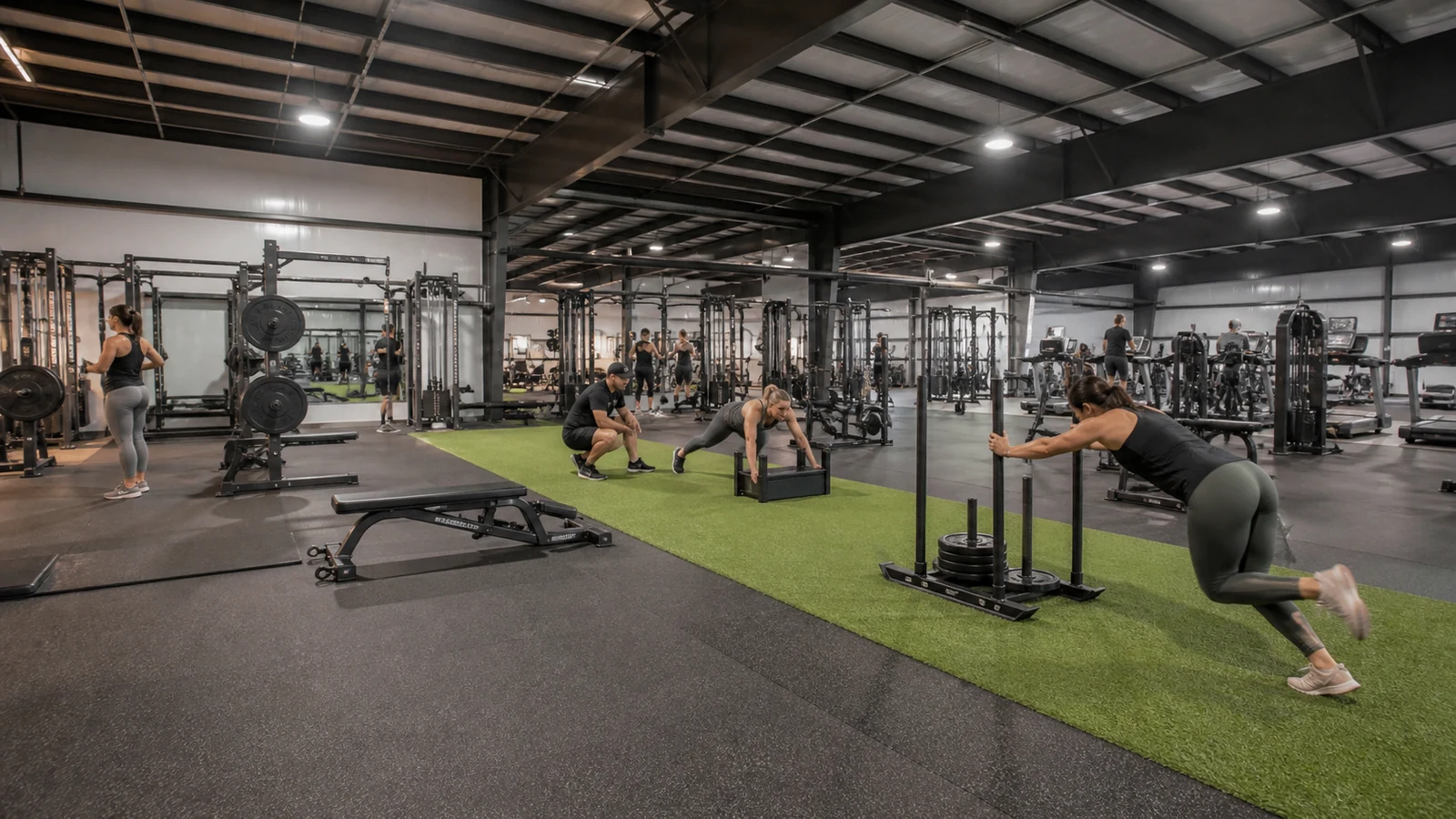 Operating steel gym interior with clearly separated strength, cardio, and circulation zones.