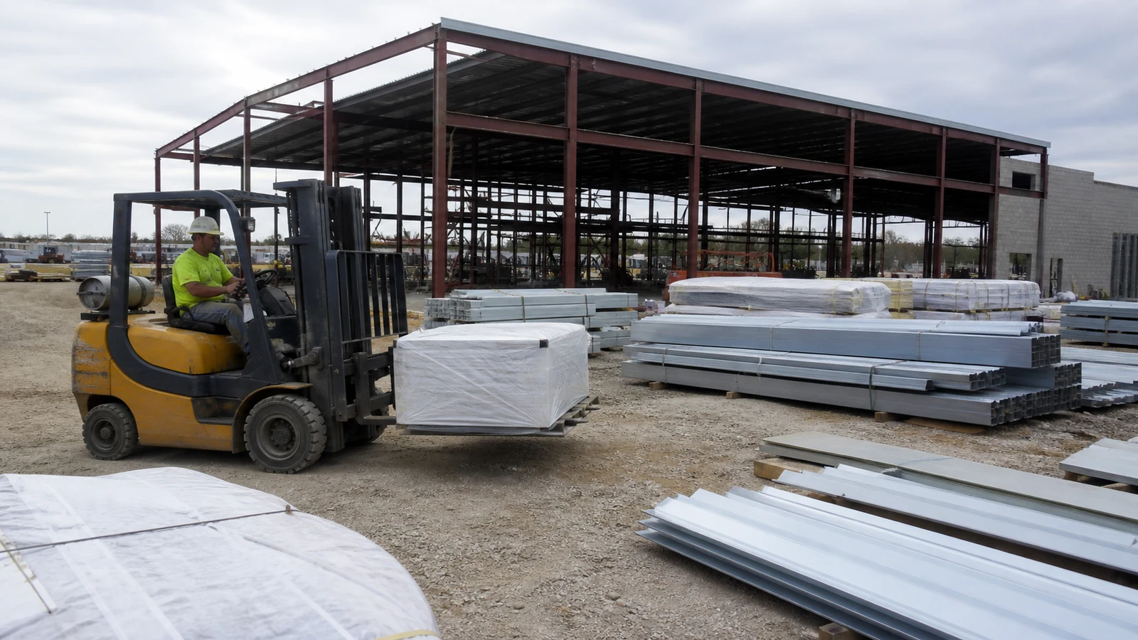 Protected steel and insulated panels are unloaded in sequence at a gym construction site.