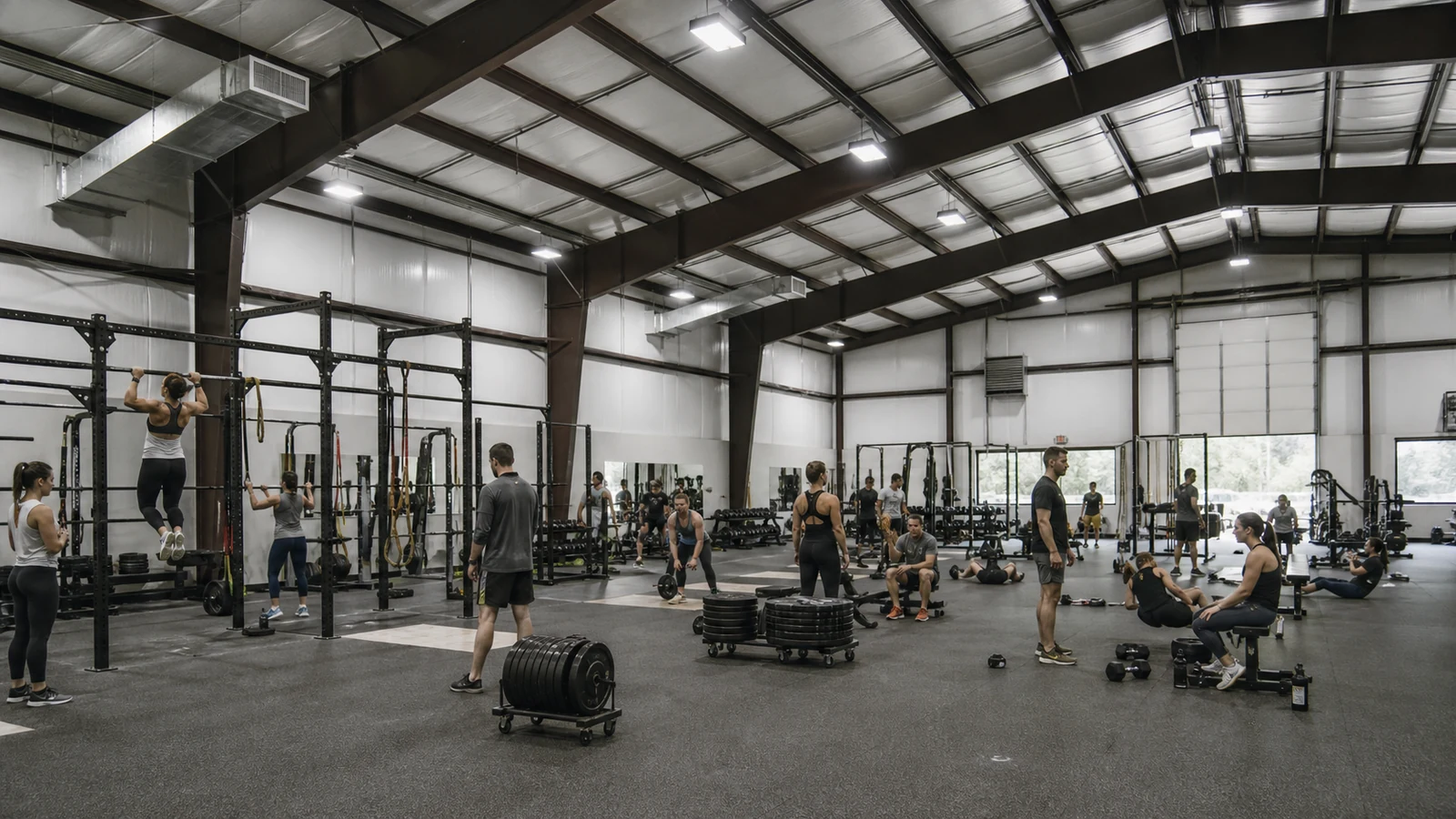 Steel gym training floor with high-level supply diffusers and clear return-air paths.