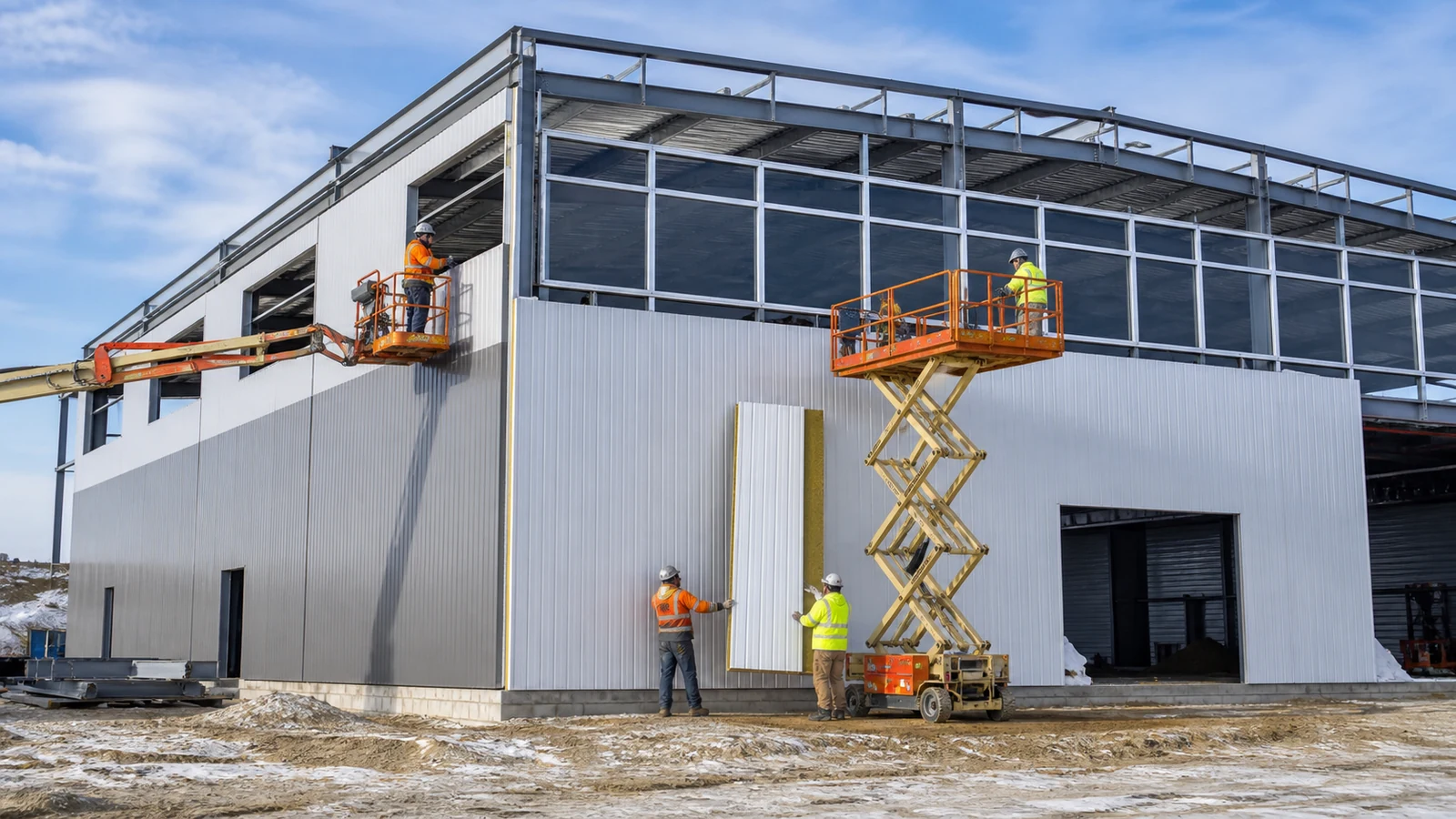 Crew installs insulated wall panels on a steel gym frame using safe lifting equipment.