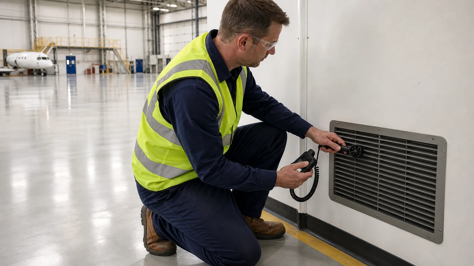 Technician measures airflow at a low-level exhaust grille in a completed maintenance hangar.