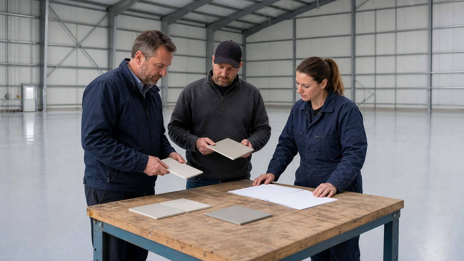 Procurement team compares coating samples and scope inside an aircraft hangar