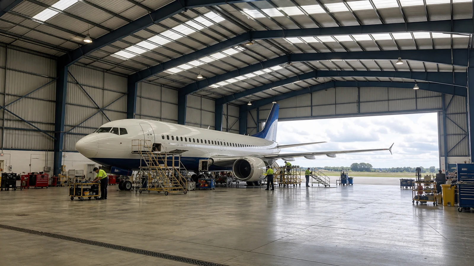 Daylight and high-bay fixtures provide balanced illumination around an aircraft near the hangar door.