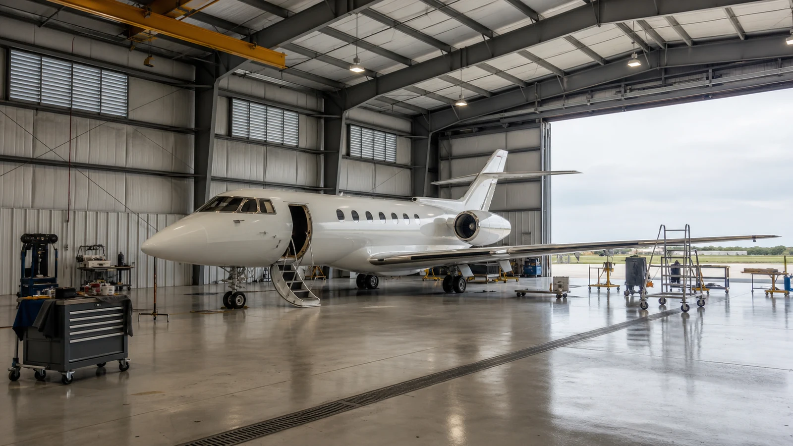 Maintenance hangar interior with an aircraft, partly open main door, and controlled air inlets.