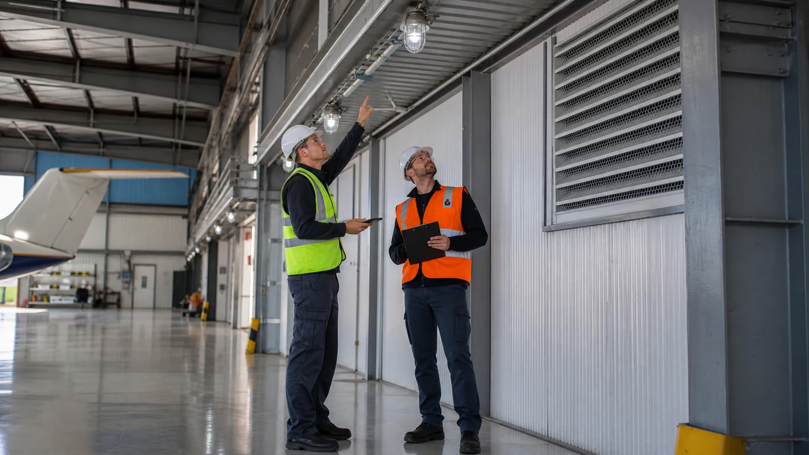 Engineers inspect enclosed fixtures, conduit, ventilation, and electrical interfaces in a hangar service zone.