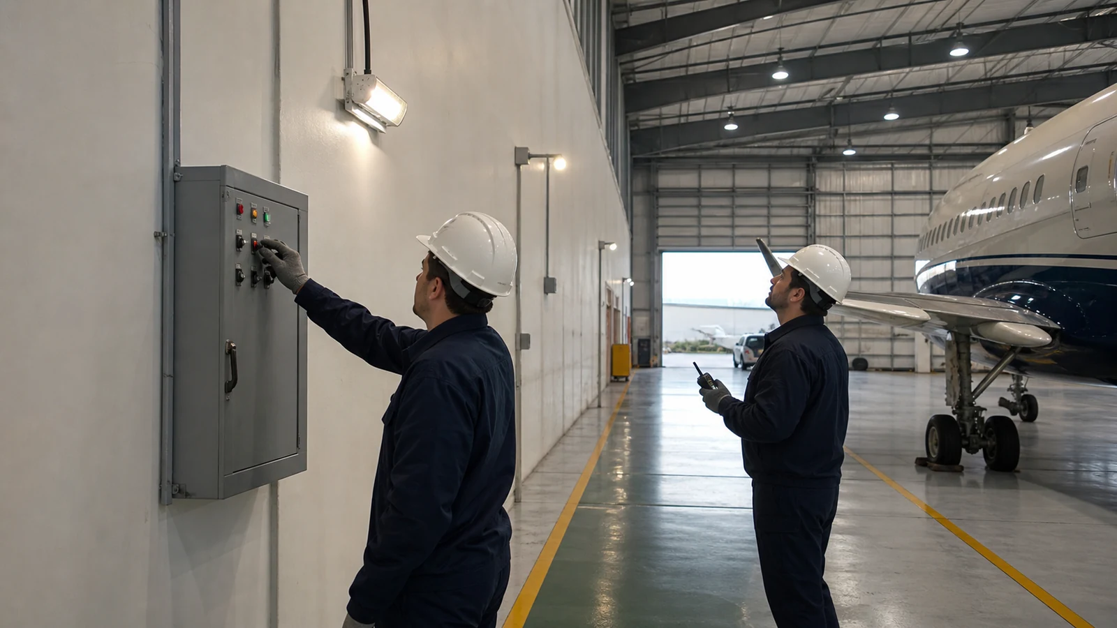 Technicians test hangar lighting controls and emergency fixtures along a clear circulation route.