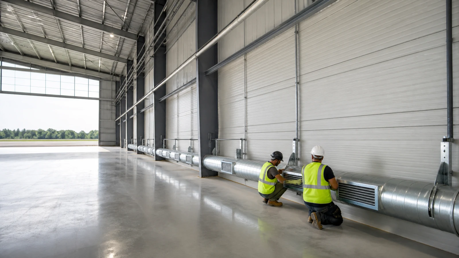 Workers install low-level exhaust ductwork along a steel aircraft hangar service wall.
