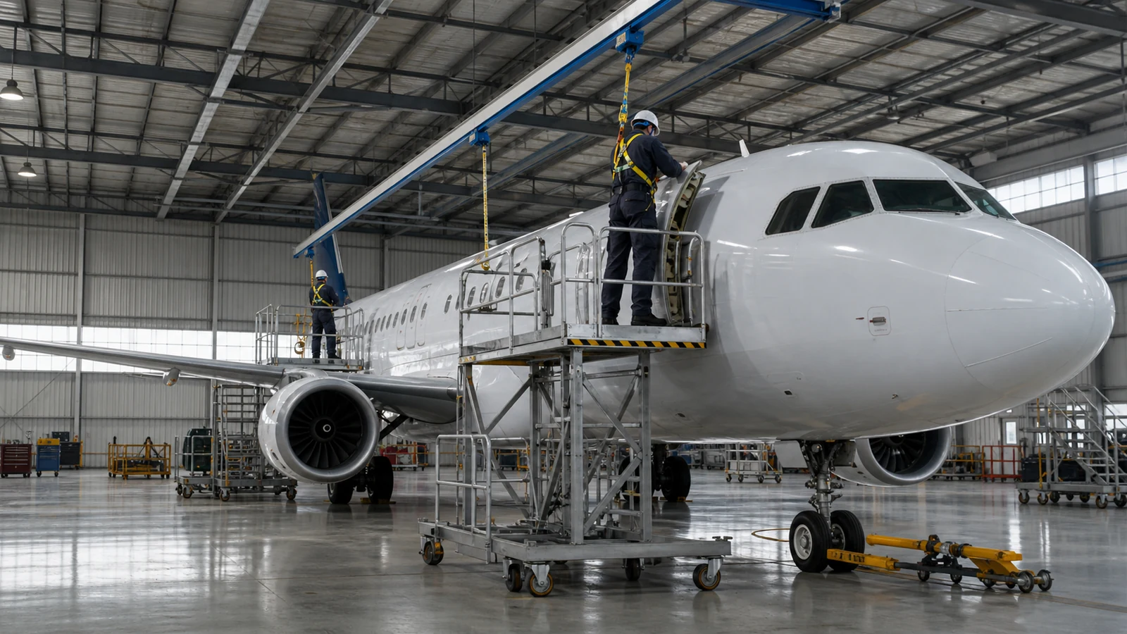 Technicians use guarded aircraft maintenance platforms beneath a steel hangar roof