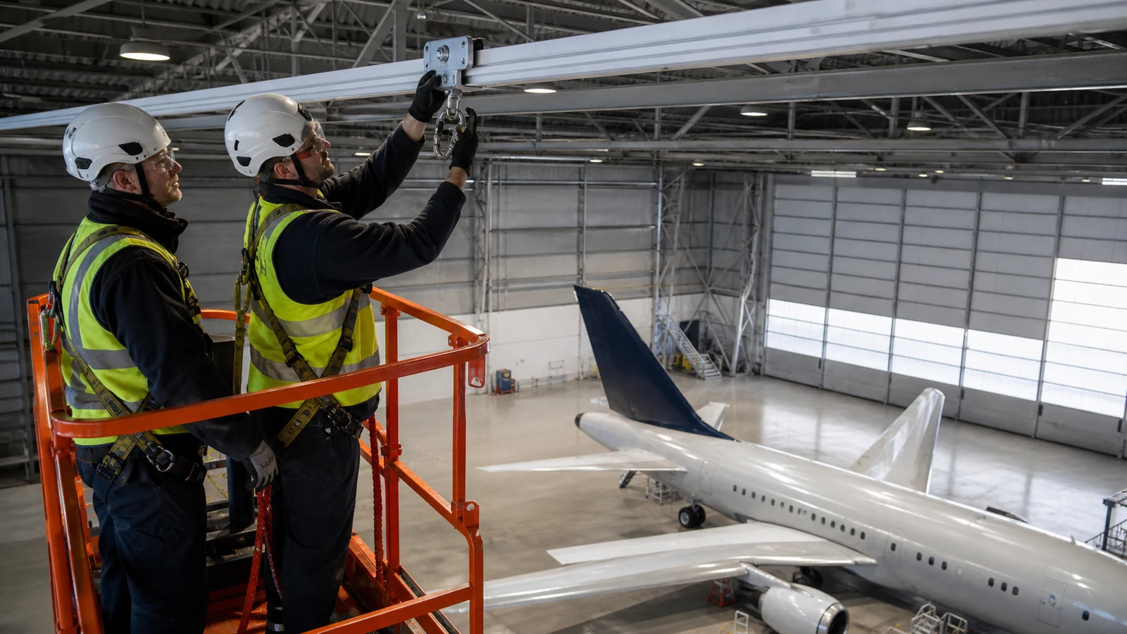 Inspectors test overhead rail travel and end stops in an aircraft maintenance hangar