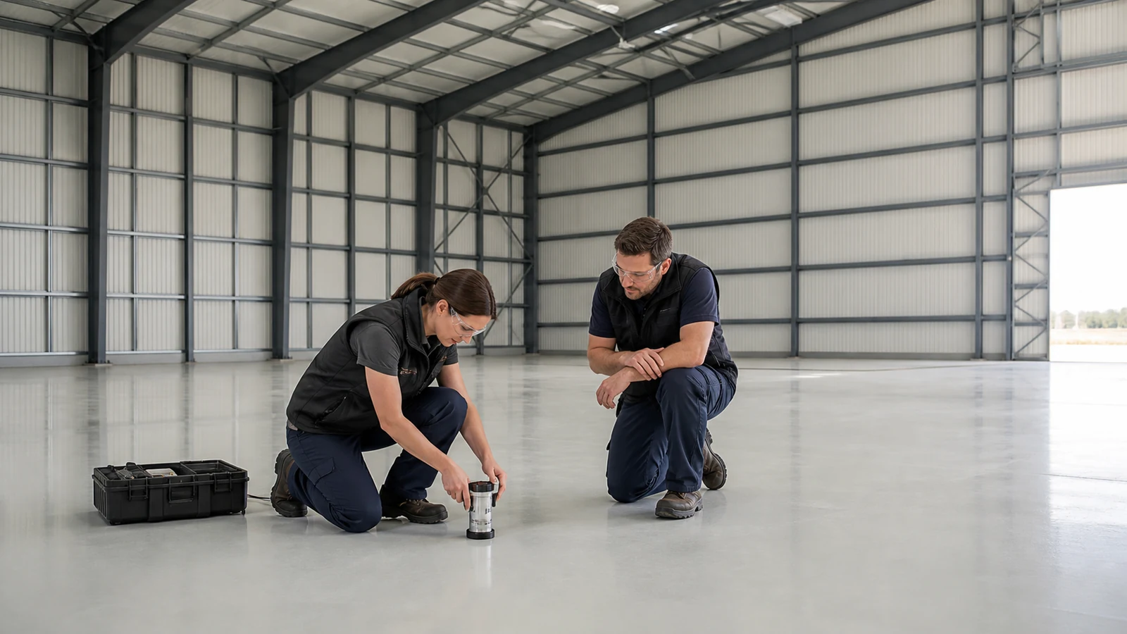 Quality inspector performs pull-off adhesion testing on cured hangar flooring