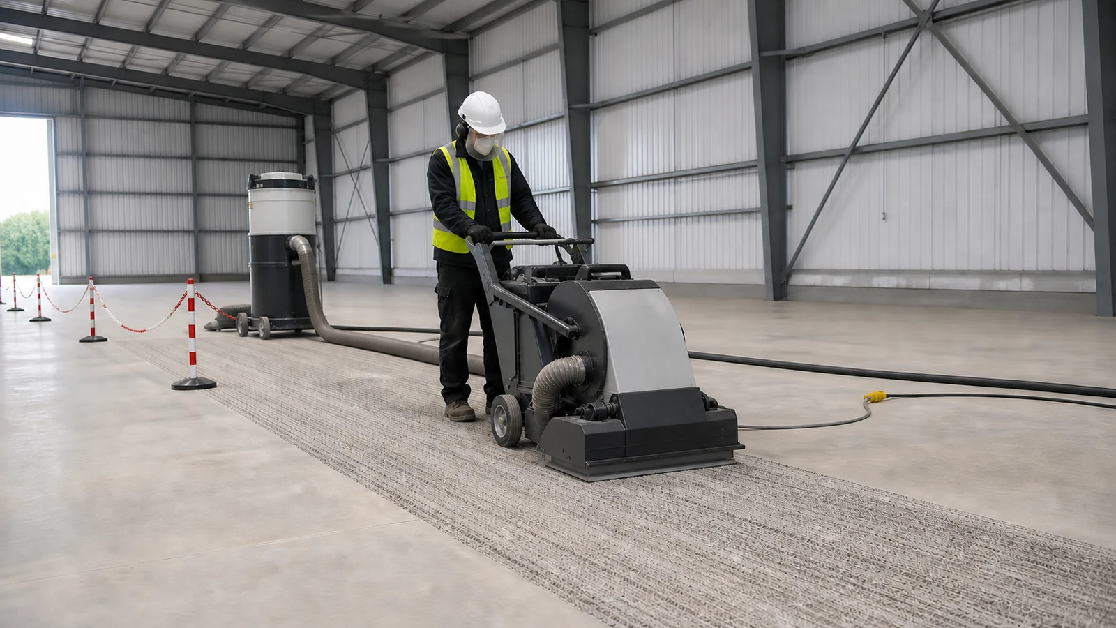 Contractor shot blasts a concrete hangar floor with dust-controlled equipment