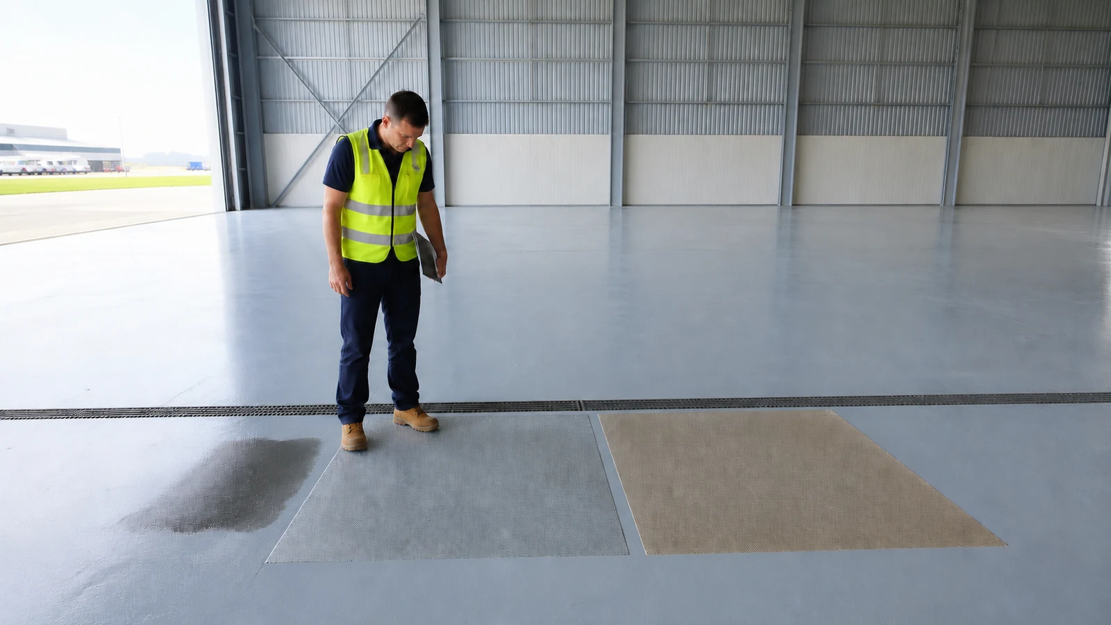 Safety inspector checks floor texture mock-ups beside an aircraft hangar drain
